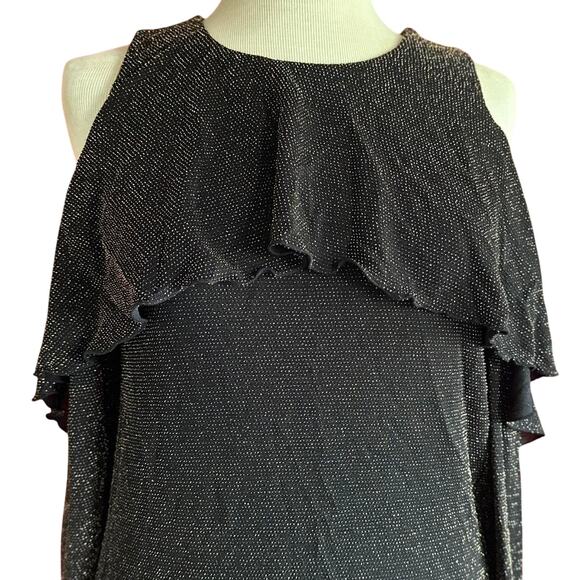 Womens Top Size Small Black Gold Details Open Shoulder Ruffle Detail Glam Party - Picture 2 of 8
